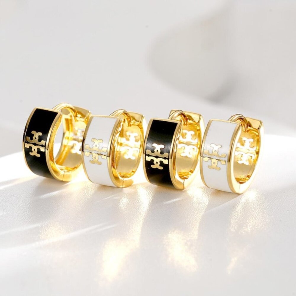 NEW 18K Yellow Gold Tory Burch Icon White Enamel Huggie Earrings Homage